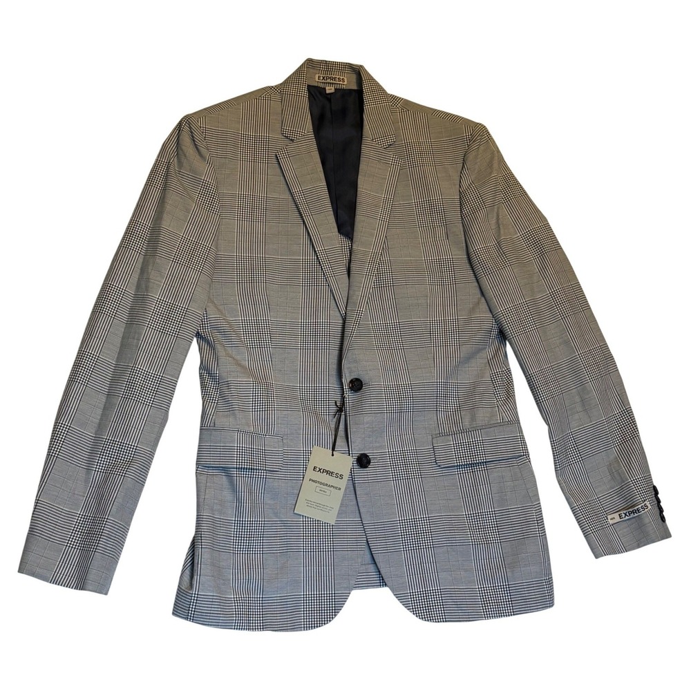 Express Photographer Suit Jacket‎ Mens 40R Gray Plaid Fitted Cotton Blazer